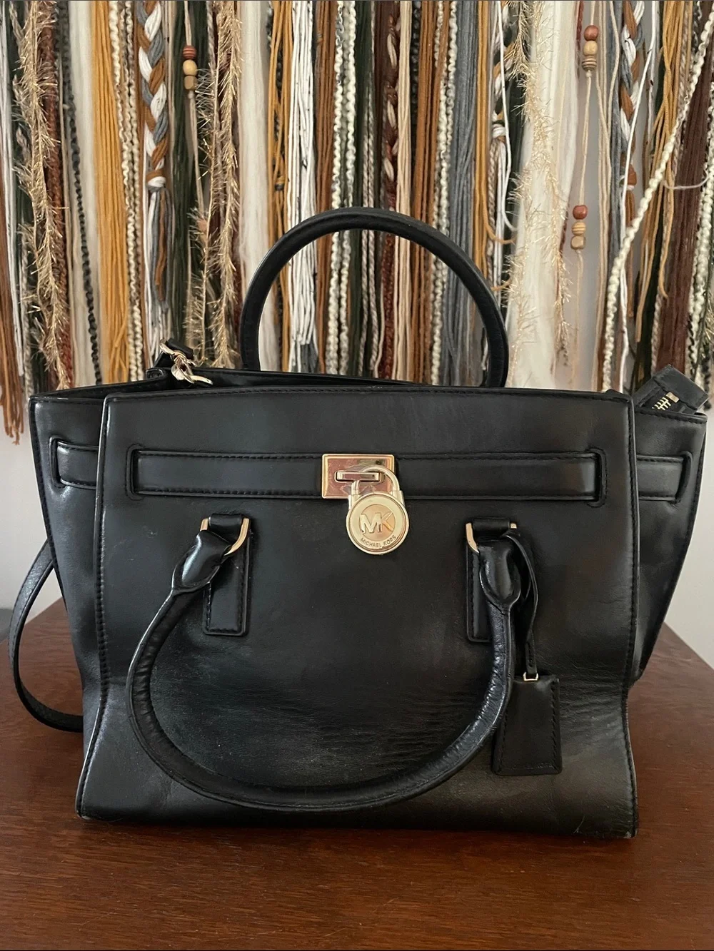 Michael Kors Black Leather Satchel with Gold Accent Lock